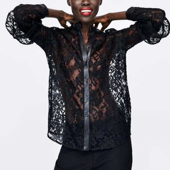 Zara Tops - Zara lace button down shirt faux leather collar